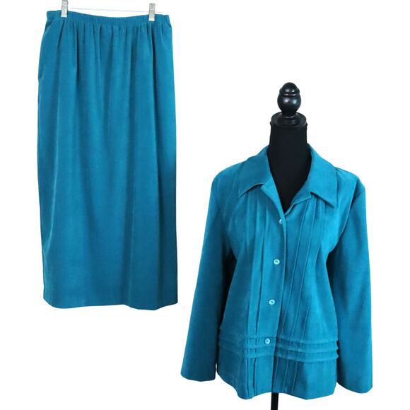 Vintage 90s KORET Teal Blue Green Microsuede Skirt Suit Set Jacket 14 Old Money - Picture 1 of 8